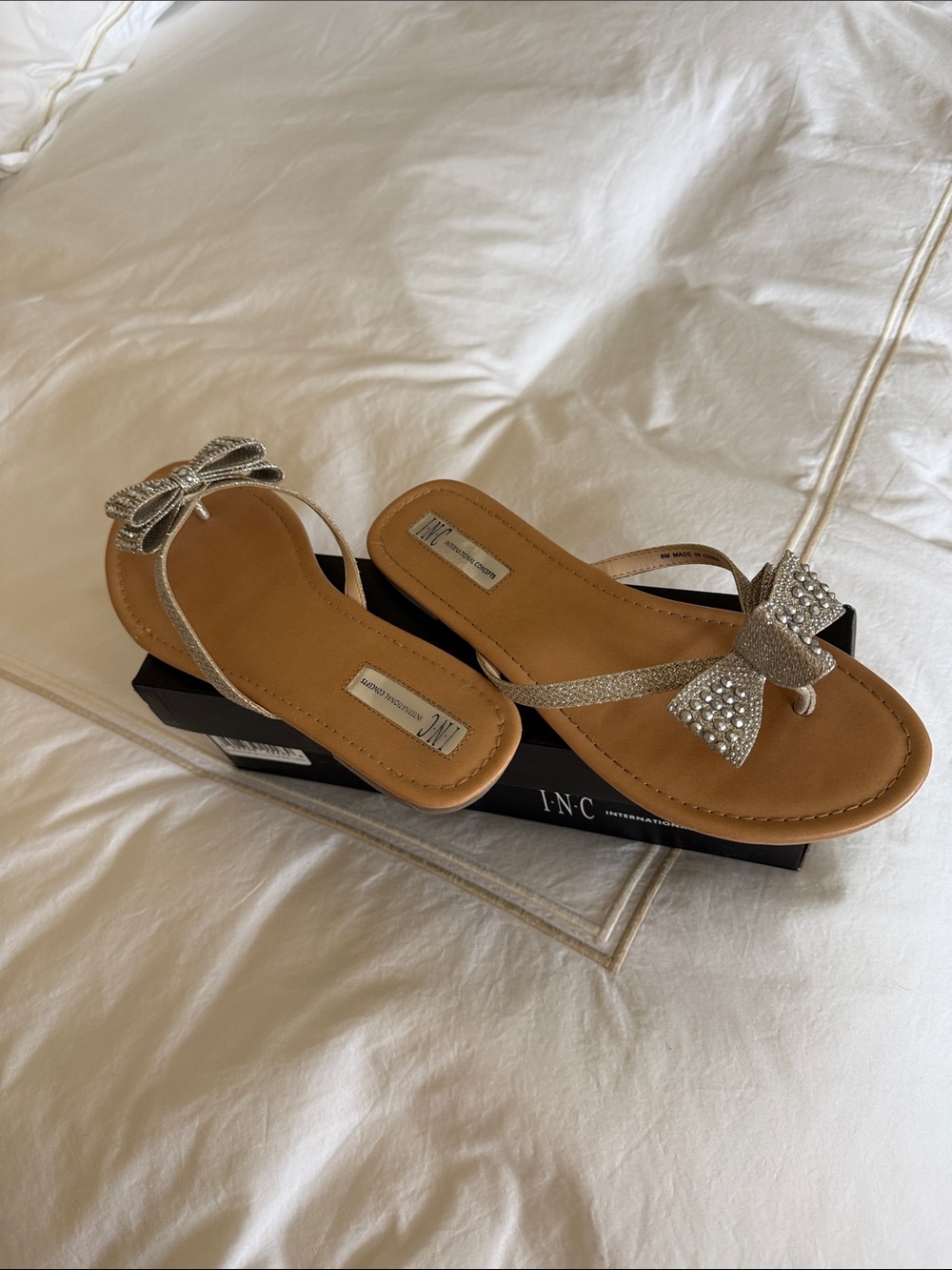 INC International Concepts Silver Bow Embellished Thong Sandals